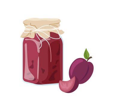 Cam kavanozda erik reçeli ve tatlı tatlı yaz bahçesi meyve karikatürü çizimi. İzole edilmiş organik konserveler, beyaz arka planda şeker jölesi ya da marmelatla.