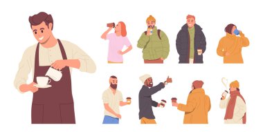 Müşteri için kahve hazırlayan profesyonel barista kişisi ve beyaz arka planda izole edilmiş vektör illüstrasyonları olan, paket sıcak aroma içeceği içen çizgi film karakterleri.