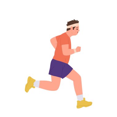 Şişman, şişman, karikatür karakteri beyaz arka planda izole edilmiş kilo vermek için kardiyo egzersizi yapıyor. Spor etkinliği illüstrasyonunun tadını çıkartan aktif giyimli terli bir erkek.