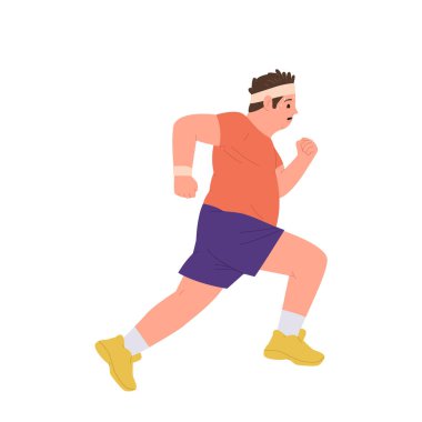 Şişman ve cüsseli adam çizgi film karakteri. Sabah kilo vermek için spor yapıyor. Beyazın üstünde izole edilmiş. Koşucu kişiliği vücut vektör çizimini değiştiriyor. Spor ve sağlık konsepti