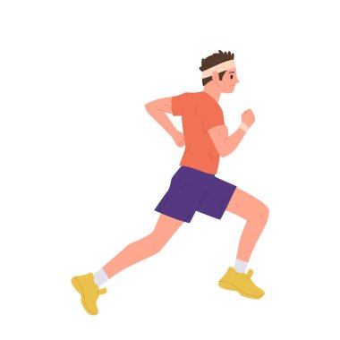 Sağlık ve vücut gücü için koşan çizgi film karakteri beyaz arka planda izole edilmiş. Alnında ter olan sporcu koşucu vektör çizimi ile rekabet ediyor. Spor ve dayanıklılık kavramı