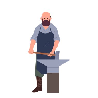 Yetişkin demirci çizgi film karakteri önlük giymiş, balyoz ve örsle beyaz üzerine izole edilmiş tam boy portresi. Ortaçağ zanaatkar ustası demircilik vektör çizimi yapıyor