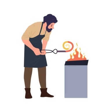 Sakallı nalbant çizgi film karakteri. Beyaz arka planda izole edilmiş açık ateşte silah veya araç gereç için demir döven antik işçi. Antika atölye vektör illüstrasyonunda çalışan peri masalı ustası.