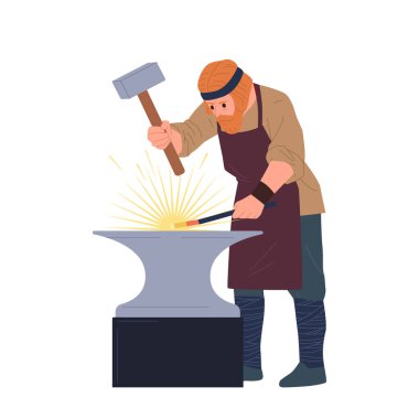 Antik demirci profesyonel çizgi film karakteri örse balyozla vuruyor. Demirci atölyesinde çelik zırh ya da el yapımı aletler yapan usta izole vektör çizimi