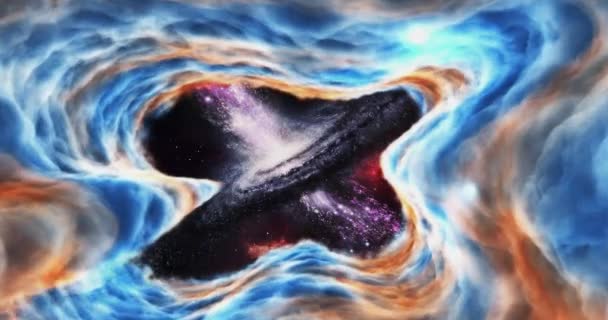 Pesawat Ruang Angkasa Terbang Melalui Nebula Lubang Hitam Eksplorasi Luar — Stok Video