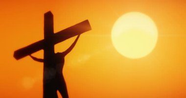 Jesus Christ crucified on the Cross under scorching sun. Crucifixion on Calvary hill. Seamless loop
