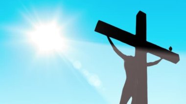 Jesus and black crow. Crucified Christ dies on a wooden cross under scorching sun. Seamless loop