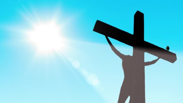 耶稣和黑乌鸦 在灼热的阳光下 被钉十字架的基督死在木制十字架上 无缝圈 — 图库视频影像