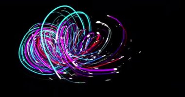 Neon serpentine of colorful twisted wires. Strings lines ribbons fibers or cables, abstract background