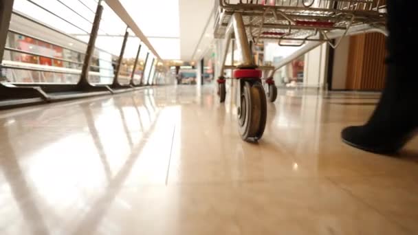 Shopping Cart Woman Walking Mall Doing Shopping Slow Motion Low — Stock video