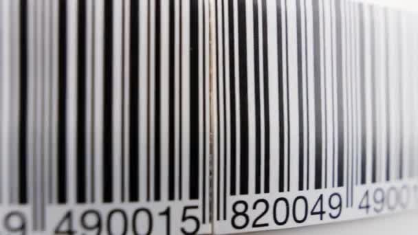 Barcode Product Code Label Conveyor Belt Production Line Close Shot — 图库视频影像