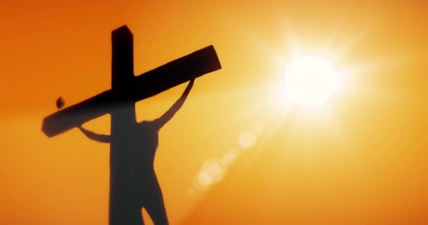 Jesus Cristo Corvo Negro Crucificação Uma Cruz Madeira Abaixo Sol — Vídeo de Stock