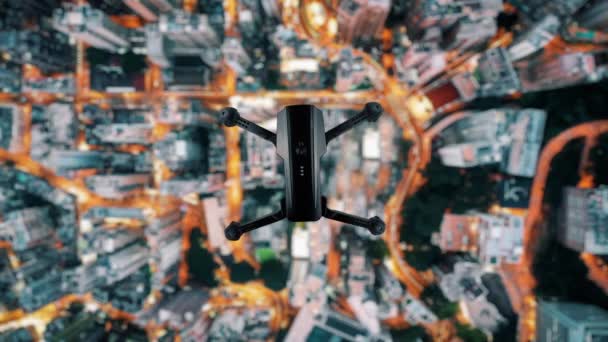 Quadcopter Sobrevoando Cidade Noturna Drone Pairar Sobre Casas Vista Partir — Vídeo de Stock