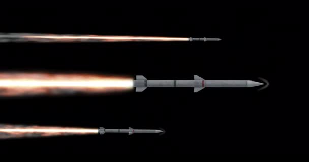 Ракети Ізольовані Чорному Тлі Запущені Військові Ракети Літають Великій Швидкості — стокове відео