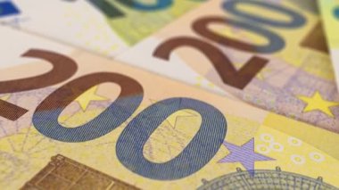 Avro banknotları yakın plan. Avrupa kağıt parası, ekstrem makro doli çekim
