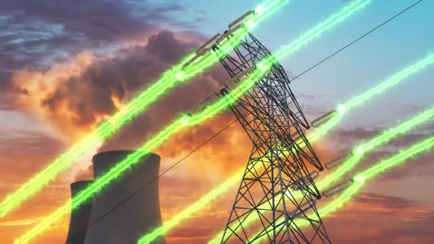 传输线 高压电网塔 通过有烟道的核电厂电线的电流 — 图库视频影像
