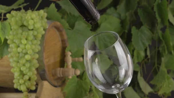 空のワインボトルとワイングラス オーク樽 ブドウの葉 熟した白ブドウ — ストック動画