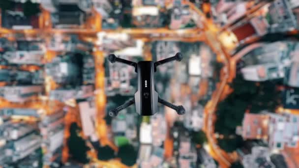 Drone Quadricottero Che Vola Alto Nell Aria Sopra Città Sera — Video Stock