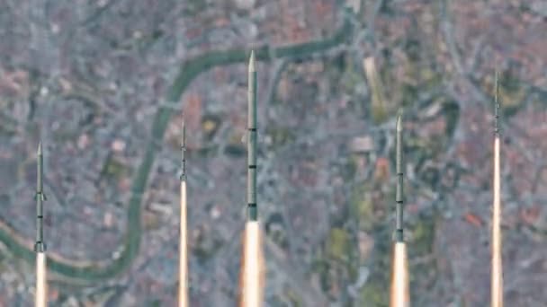 Балістичні Ракети Випущені Військового Винищувача Літають Над Містом Безшовна Петля — стокове відео