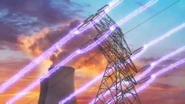 Nükleer enerji santrali ve yüksek voltaj şebekesi kulesi. Tepedeki elektrik hattı iletimi. Kusursuz döngü canlandırması