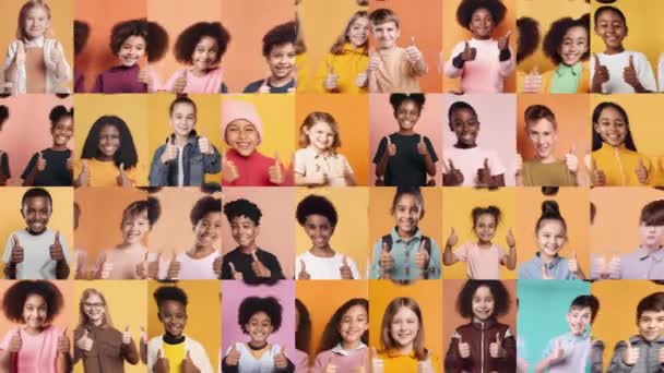Коллаж Улыбающихся Детей Большими Пальцами Вверх Счастливые Мультикультурные Дети Улыбаются — стоковое видео