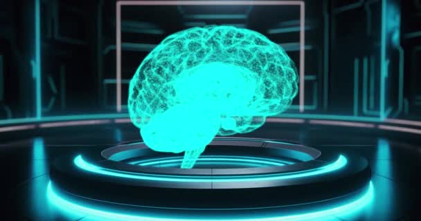 Human Brain Rotating Holographic Projection Digital Wireframe Brain Loopable Animation — Stock Video