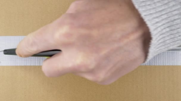 Membongkar Kardus Peralihan Chromakey Membuka Kotak Paket Dengan Pisau Utilitas — Stok Video