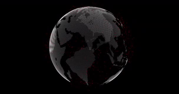 赤い衛星を持つ素粒子の地球の球体 デジタル惑星をアルファチャンネルで回転させる シームレスループアニメーション — ストック動画