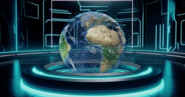 Earth Globe Hologram Rotating Planet Earth Satellites Futuristic Sci Room — Stock Video