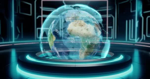 地球惑星だ 将来のSfルームで赤い衛星と回転ホログラフィック投影 — ストック動画