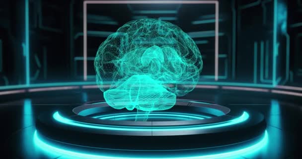 Menselijke Hersenen Glitching Projectie Wireframe Hersenen Gloeiende Plexus Structuur Draaiend — Stockvideo