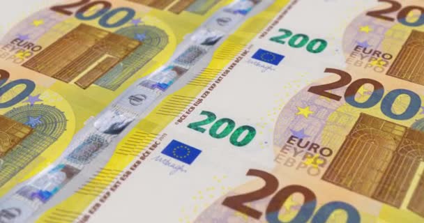 Impresión Billetes Doscientos Euros Billetes Europeos Movimiento Vista Cerca — Vídeo de stock