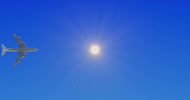 飛行機は明るい真昼間の太陽に対して澄んだ青空を飛ぶ 飛行中の契約を伴う近代的な航空機の底 — ストック動画