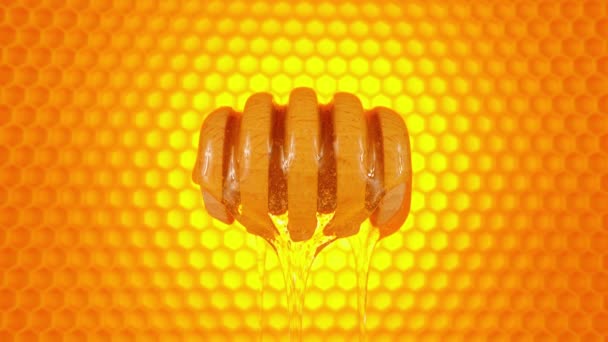 Honey Flows Wooden Dipper Spoon Honey Spindle Bright Honeycomb Background — Stock Video