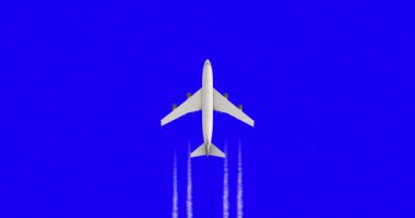 Uçak uçuyor. Mavi krom anahtar yolcu ya da kargo uçağı yüksek hızda uçar, dikişsiz döngü animasyonu