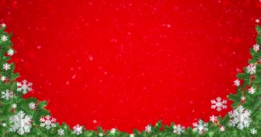 Noel 'de kusursuz bir yer tutucu. Yeni yıl kar taneleri ve parlak yıldızlı ve düşen karlı parlak kırmızı bir zemin üzerinde Noel ağacı.