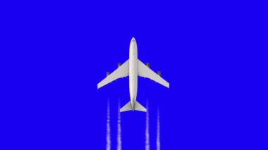 Beyaz uçak uçuşu. Mavi kromakey yolcu ya da kargo uçağı yüksek hızda uçar, iz bırakır, yukarıdan görüş sağlar.