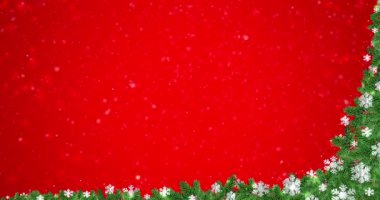 Fotokopi odası olan kırmızı bir Noel arkaplanı. Yeşil ladin dalları ve parlak düşen kar taneleri, pürüzsüz döngü