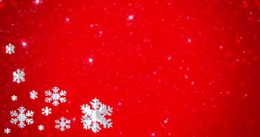 Kırmızı arka planda fotokopi alanı olan Noel tebrik kartı. Şenlikli, pırıl pırıl kar taneleri ve yağan kar pürüzsüz bir şekilde döngüye girdi.