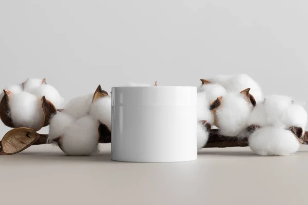 White Cosmetic Cream Jar Mockup Cotton Branch Beige Table — Stock Photo, Image