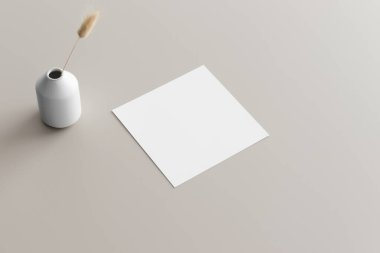 Square invitation card mockup with the lagurus on the beige table. 5x7 ratio, similar to A6, A5.