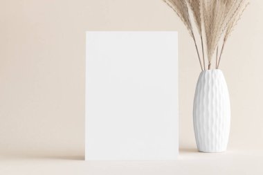Beyaz davetiye modeli, yumuşak sarı arka planda pampa süslemesi. 5x7 oranı, A6, A5 'e benziyor..