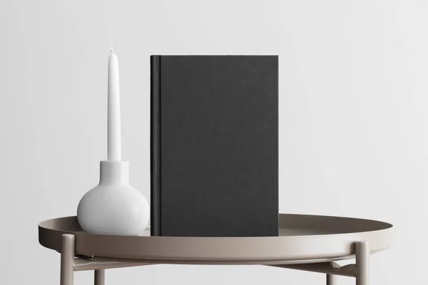 Mockup Libro Nero Con Decorazione Candela Sul Tavolo Beige — Foto Stock