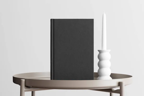 Mockup Libro Nero Con Decorazione Candela Sul Tavolo Beige — Foto Stock