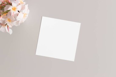 Kare davetiye modeli ve bej masasında bir Lyander..