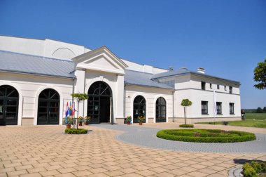 Beyaz ve grafit modern binalar atlar için garaj yolu.