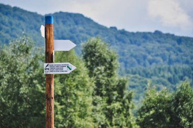 Wooden road sign in the mountains in Bieszczady, in the Bieszczady National Park Indicates the way
