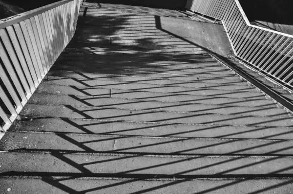Merdivenlerin tek renkli fotoğrafı, merdivenlerden dökülen gölgelerin yakın çekimi siyah ve beyaz.