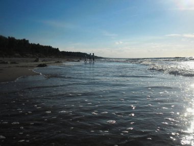 Güneş batarken Baltık Denizi kıyısında hafif bulutlu ve hafif dalgalı bir Polonya plajı.