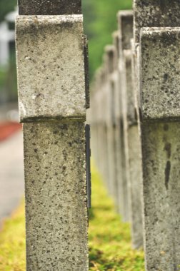 Tarihi mezarlıkta sıra sıra beton haçlar.